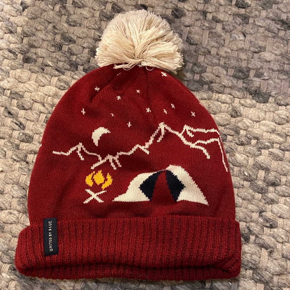 United By Blue Maroon Beanie with Mountain and Tent Design